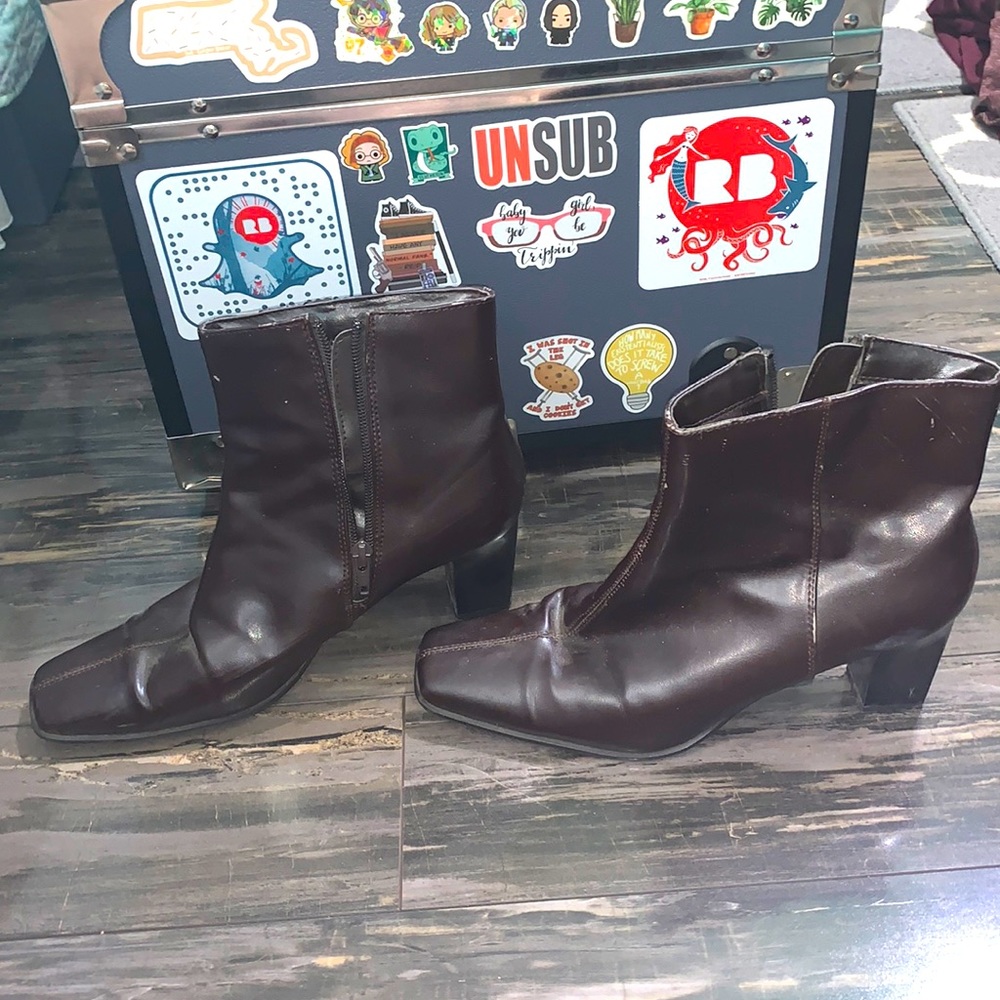 FREE w/ $10+ PURCHASE: Square Toe Brown Faux Leather Ankle Booties